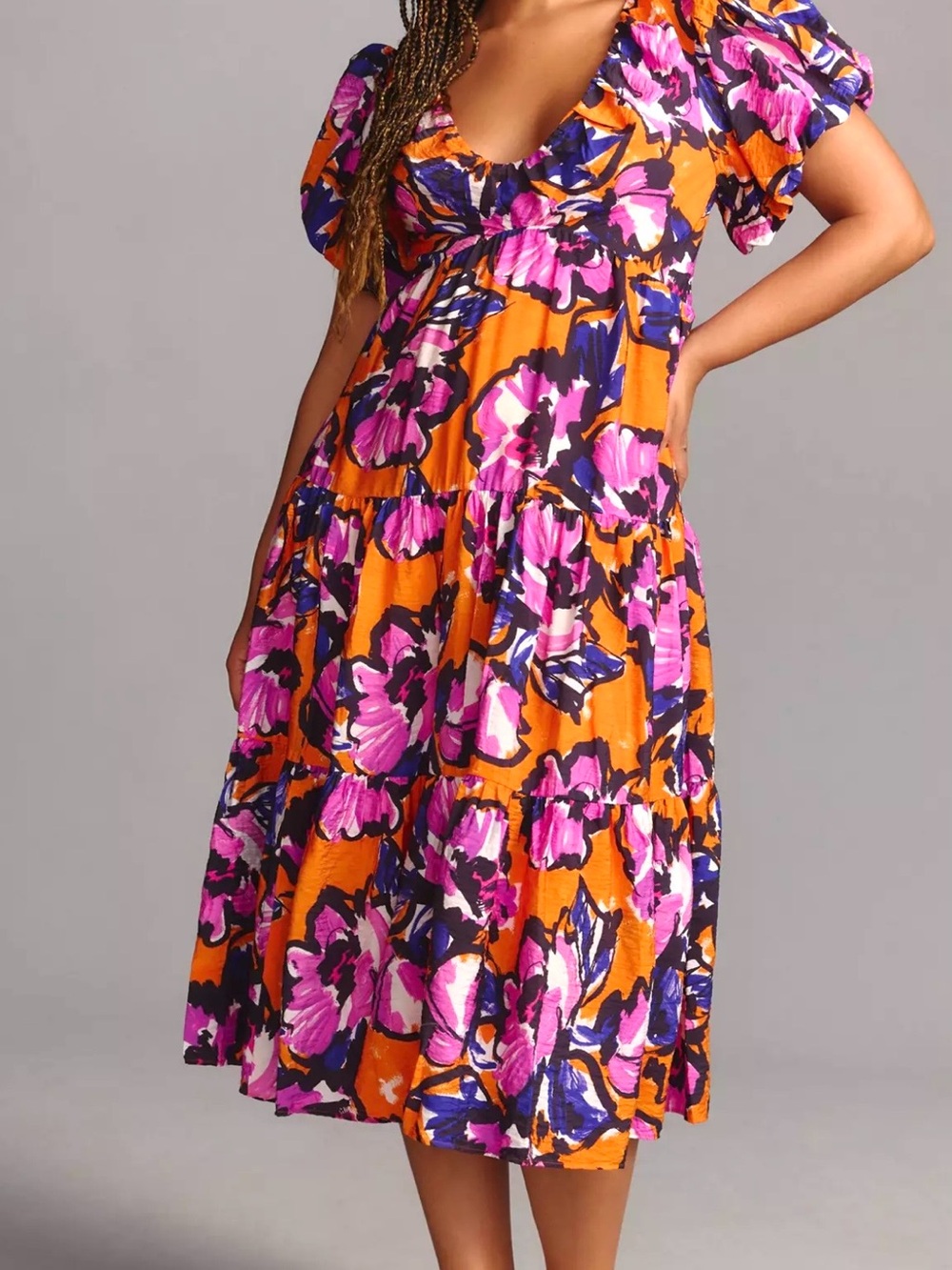 Floral Orange Tiered Midi Dress with Purple Accents by Anthropologie 2X